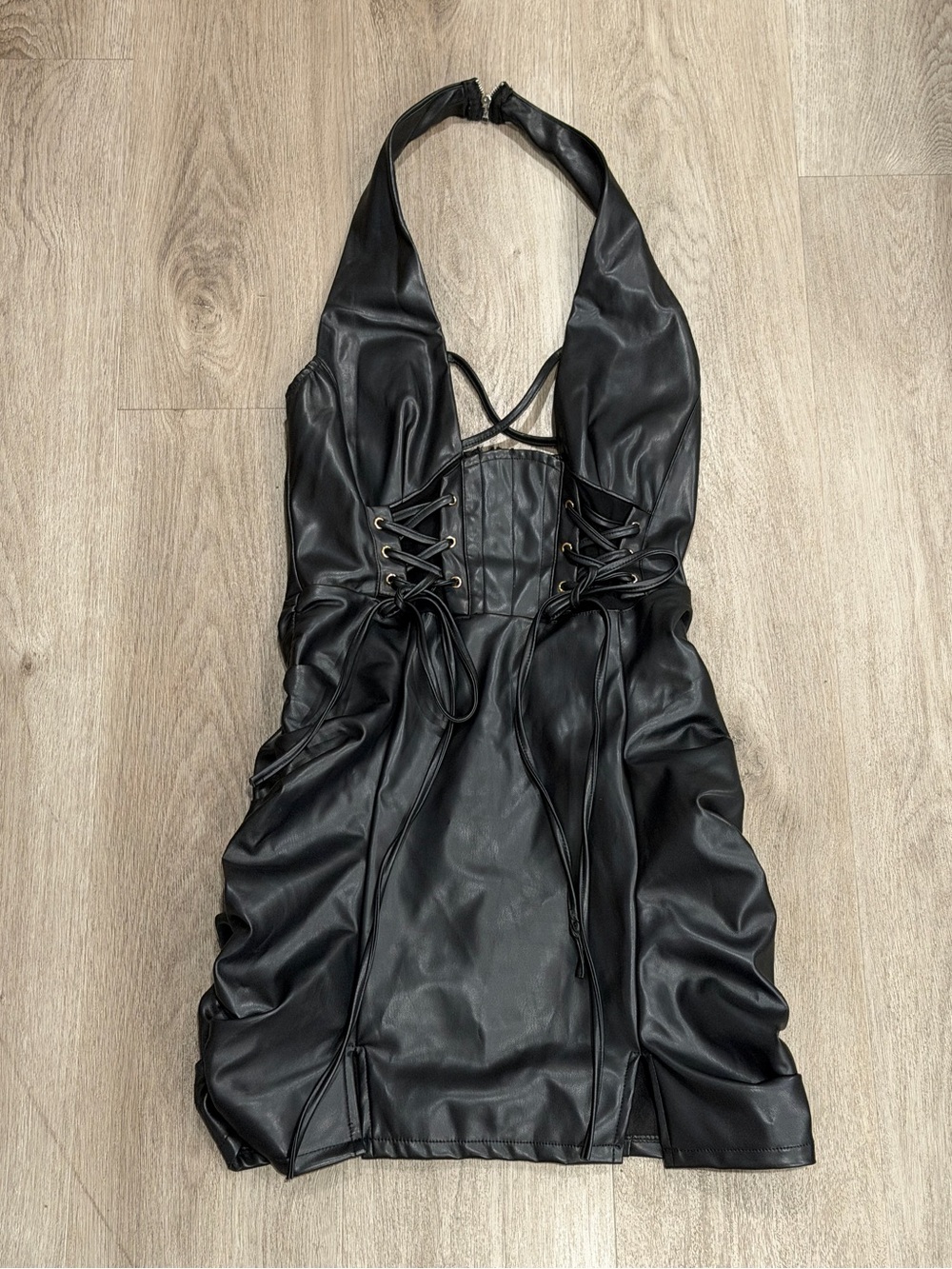 Black faux leather halter mini dress with lace-up corset detail 6
